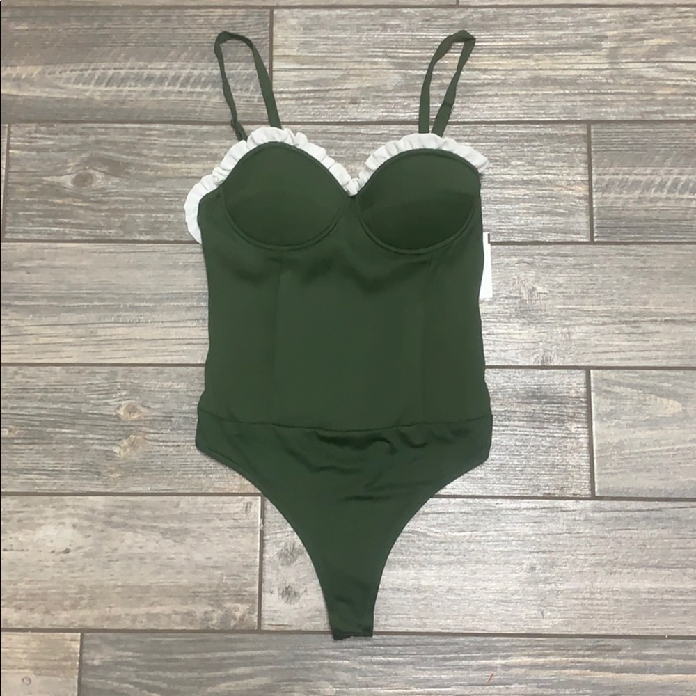 Lovers + Friends Olive Green One-Piece Swimsuit with White Ruffle Trim